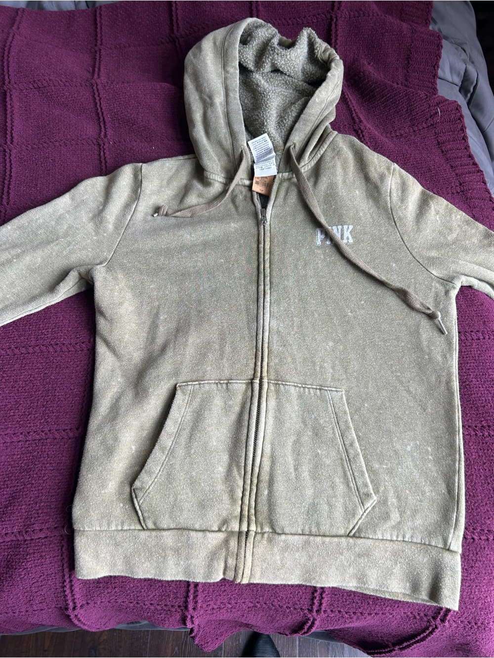 PINK Victoria's Secret Olive Green Sherpa-Lined Zip Hoodie